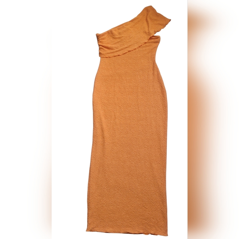 Naked Wardrobe One-Shoulder Orange Textured Maxi Dress